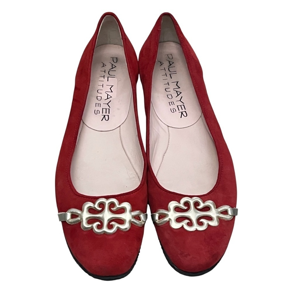 Paul Mayer Attitudes Red Suede Flats 7B Silver Hardware Square Toe